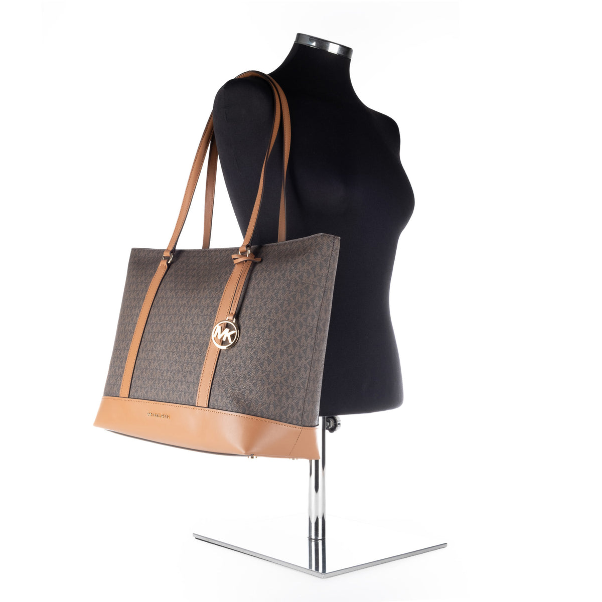 Bolsa Tote Michael Kors Castanha com Monograma MK e Detalhes Camel