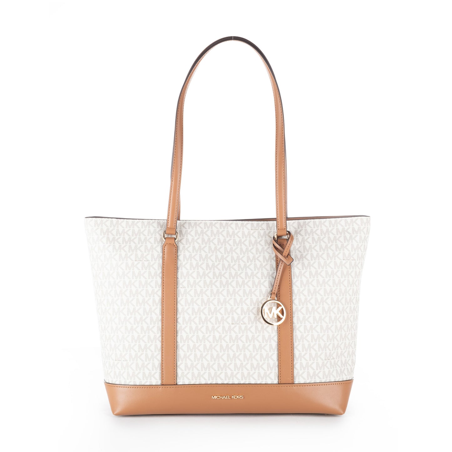 Bolsa Tote Michael Kors Bege com Monograma MK e Detalhes Camel