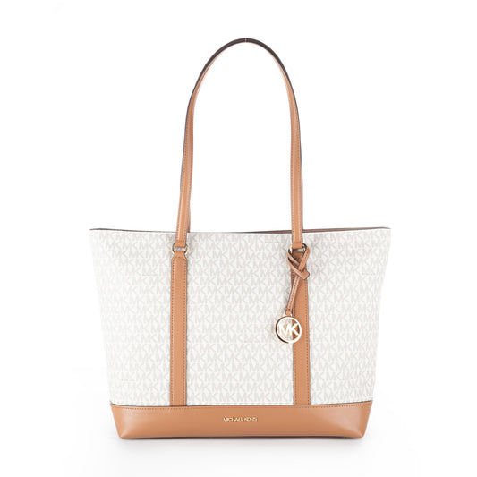 Bolsa Tote Michael Kors Bege com Monograma MK e Detalhes Camel
