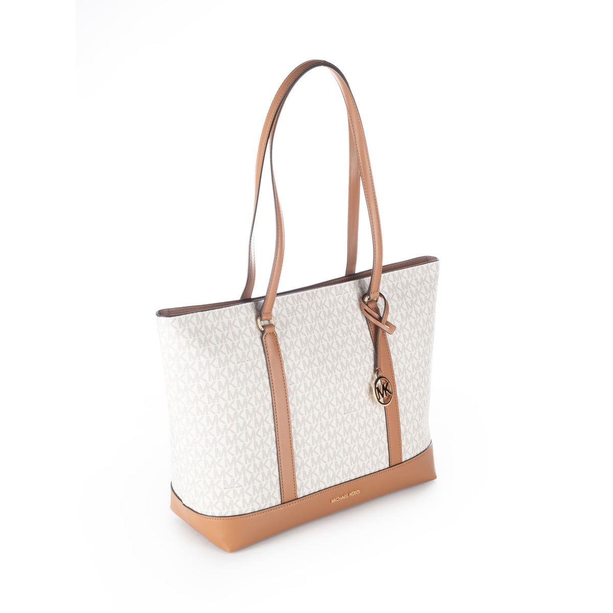 Bolsa Tote Michael Kors Bege com Monograma MK e Detalhes Camel