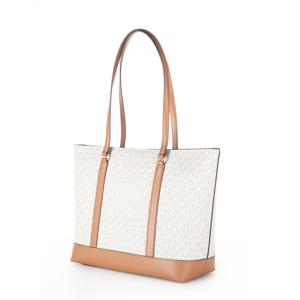 Bolsa Tote Michael Kors Bege com Monograma MK e Detalhes Camel