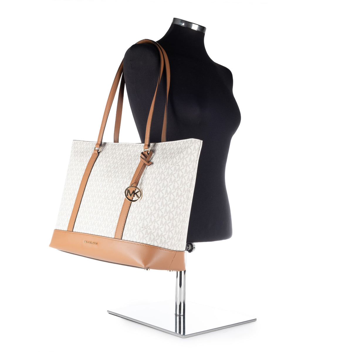 Bolsa Tote Michael Kors Bege com Monograma MK e Detalhes Camel