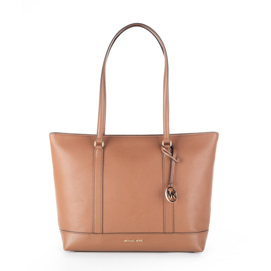 Bolsa Tote Michael Kors Castanha com Monograma MK e Detalhes Dourados