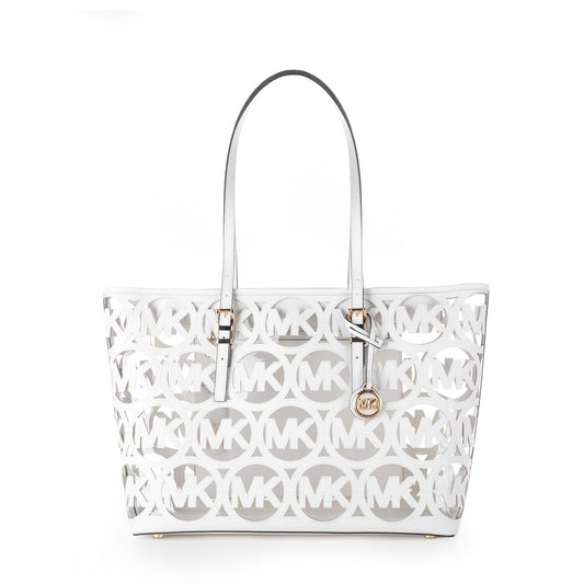 Bolsa Tote Michael Kors Branca com Padrão MK Recortado e Detalhes Dourados