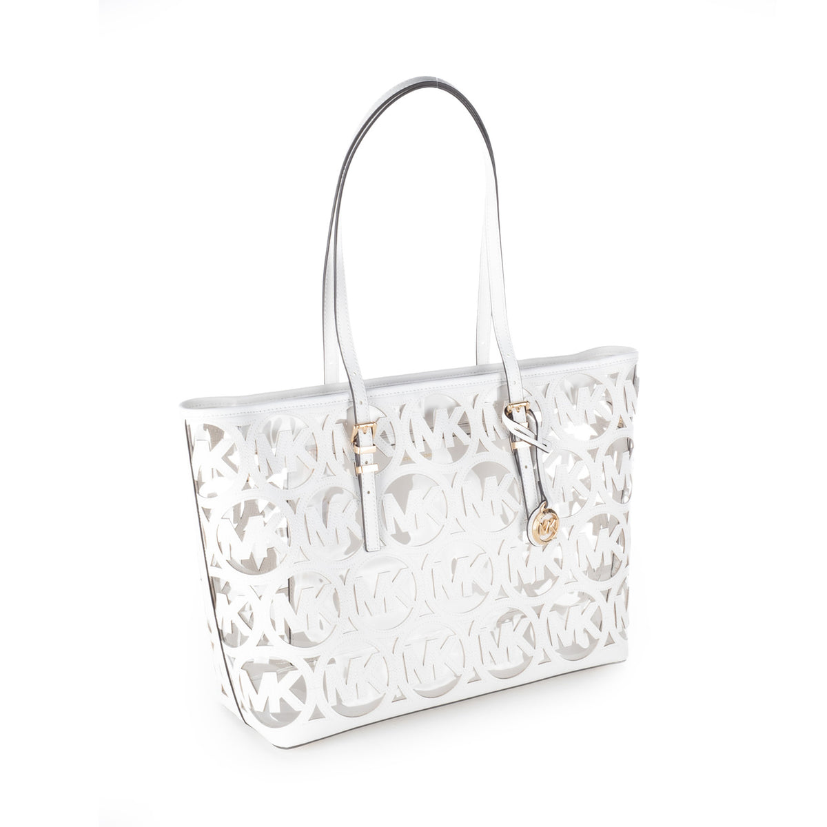 Bolsa Tote Michael Kors Branca com Padrão MK Recortado e Detalhes Dourados
