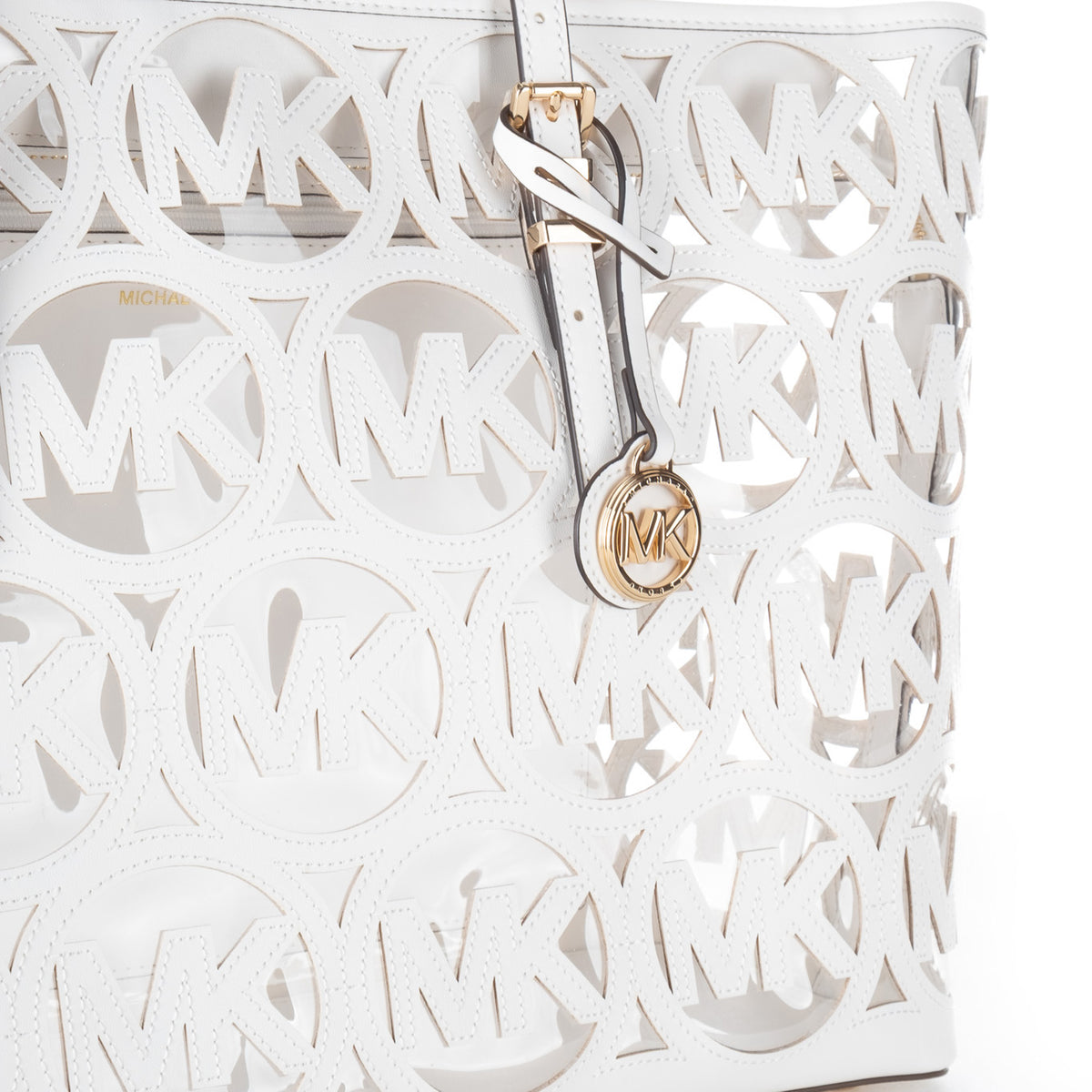 Bolsa Tote Michael Kors Branca com Padrão MK Recortado e Detalhes Dourados