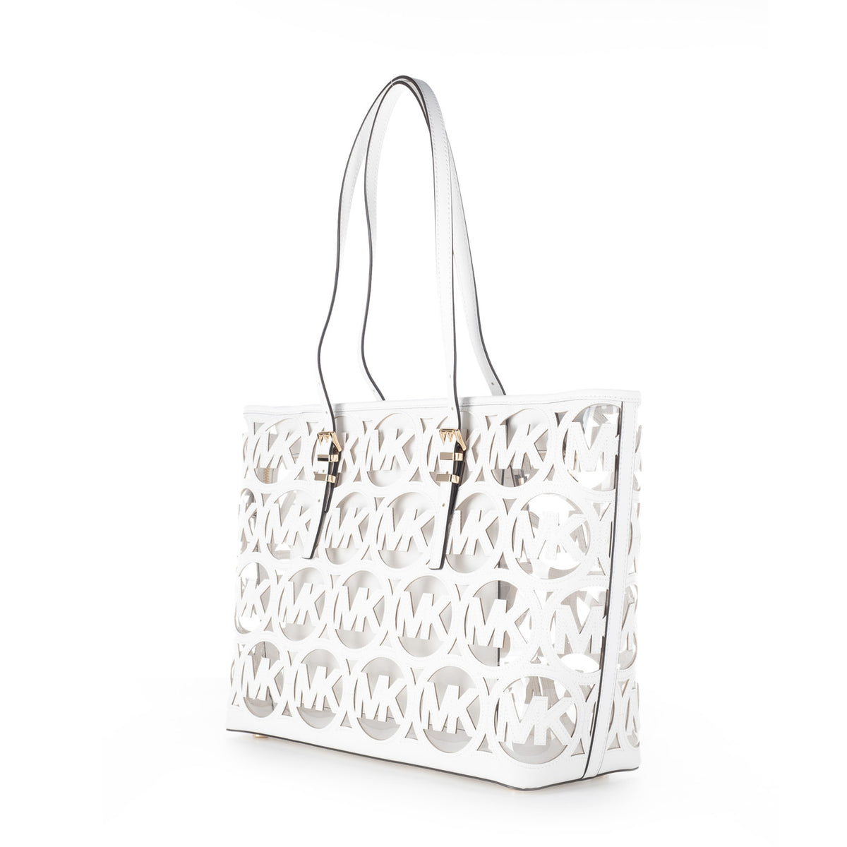 Bolsa Tote Michael Kors Branca com Padrão MK Recortado e Detalhes Dourados