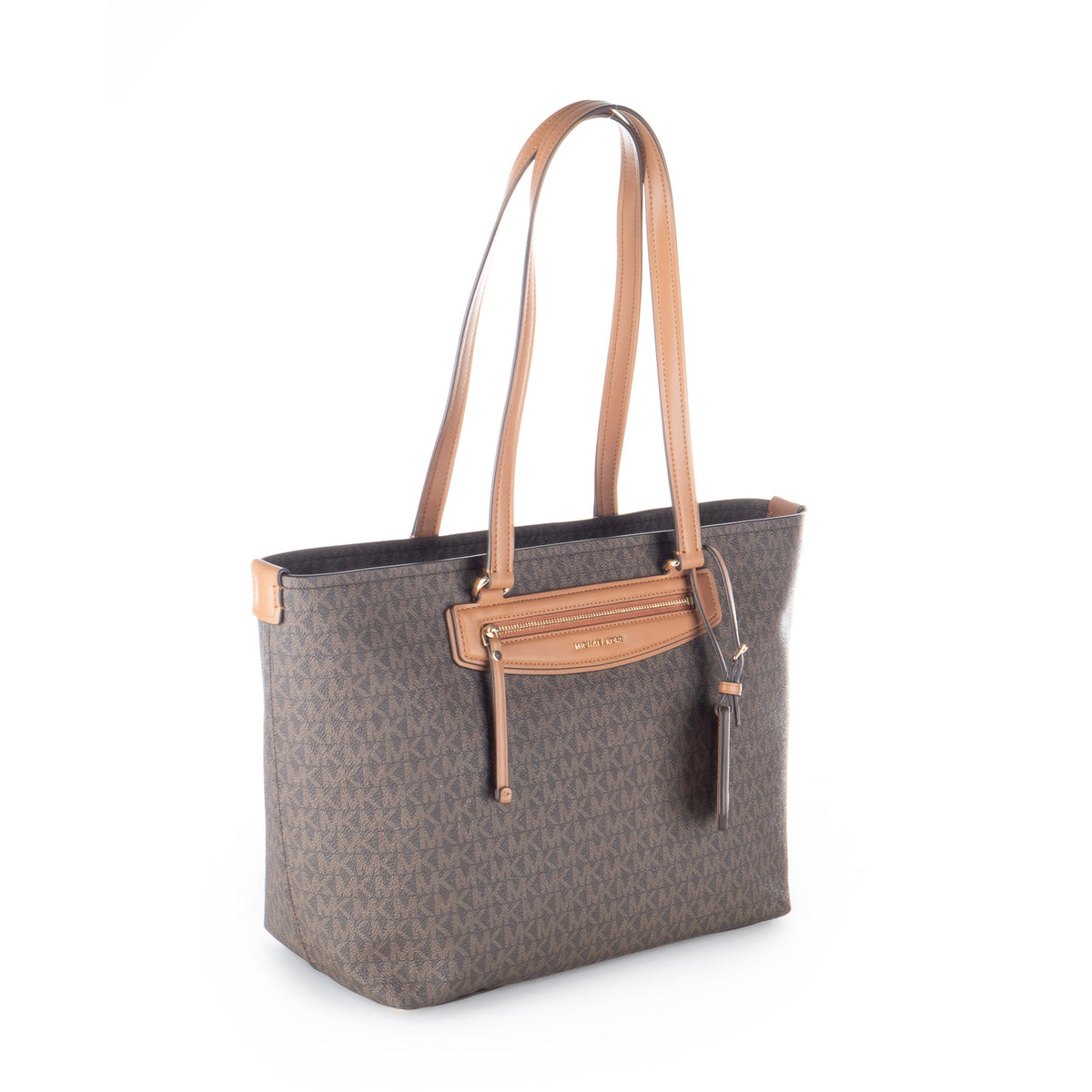Bolsa Tote Michael Kors Castanha com Monograma MK e Bolso Frontal