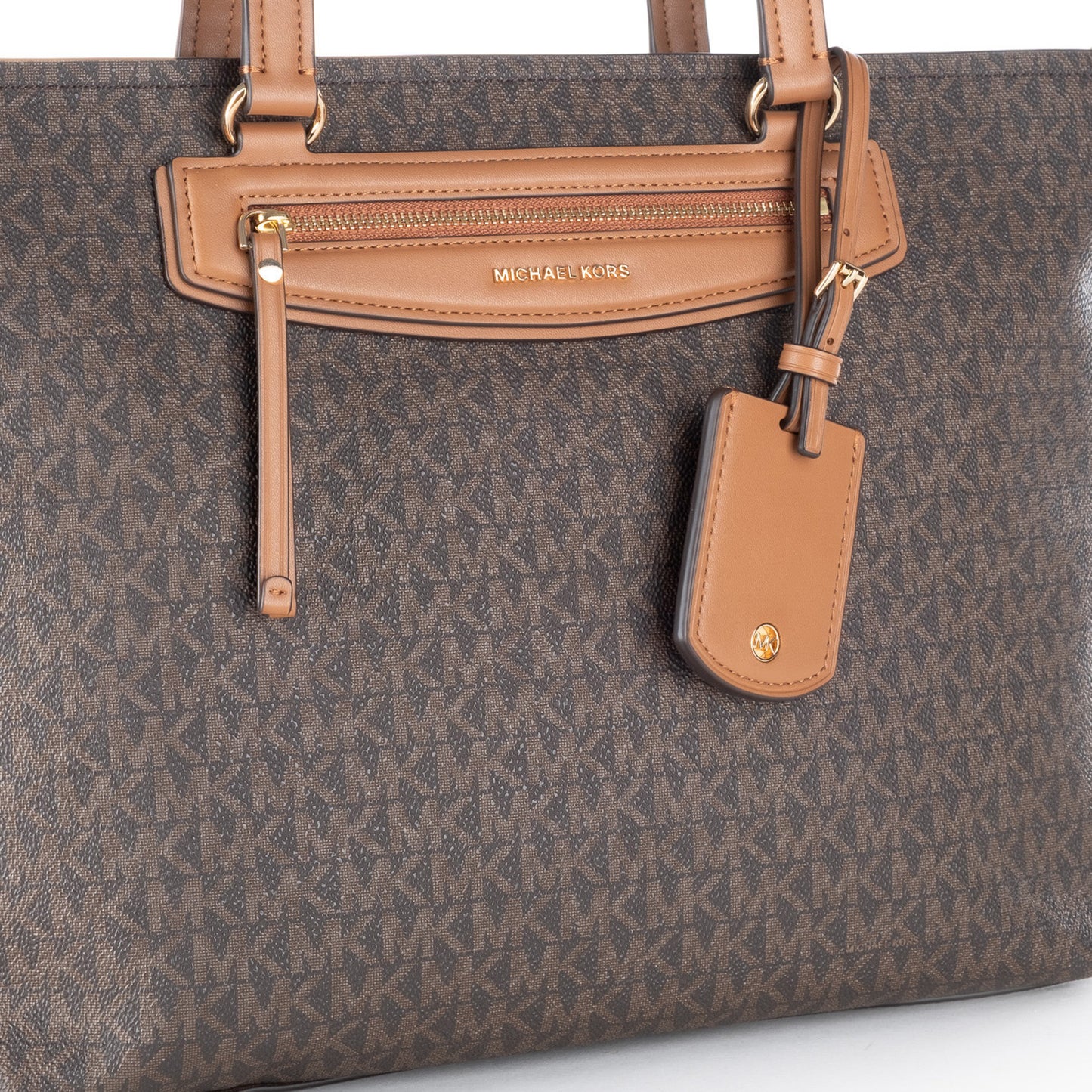 Bolsa Tote Michael Kors Castanha com Monograma MK e Bolso Frontal