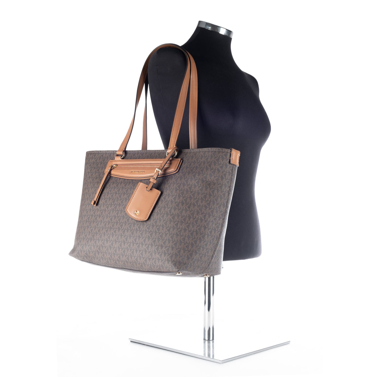 Bolsa Tote Michael Kors Castanha com Monograma MK e Bolso Frontal