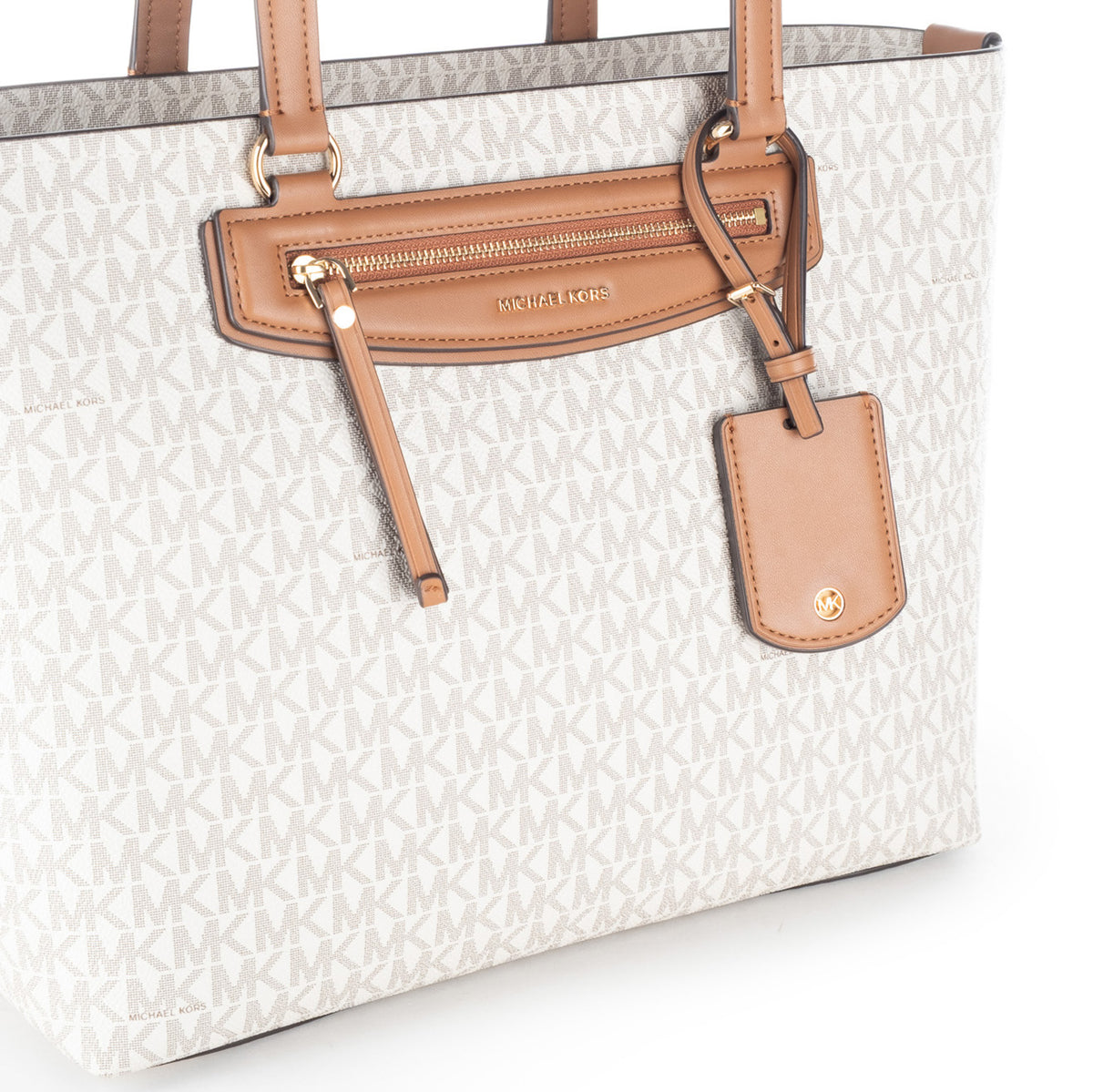 Bolsa Tote Michael Kors Bege com Monograma MK e Bolso Frontal