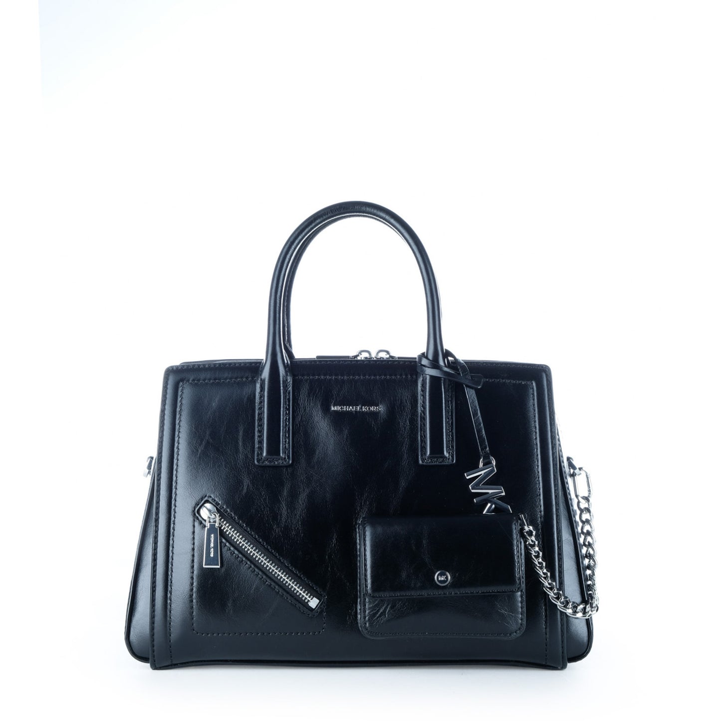 Bolsa Satchel Michael Kors Preta com Bolsos Frontais e Detalhes Metálicos