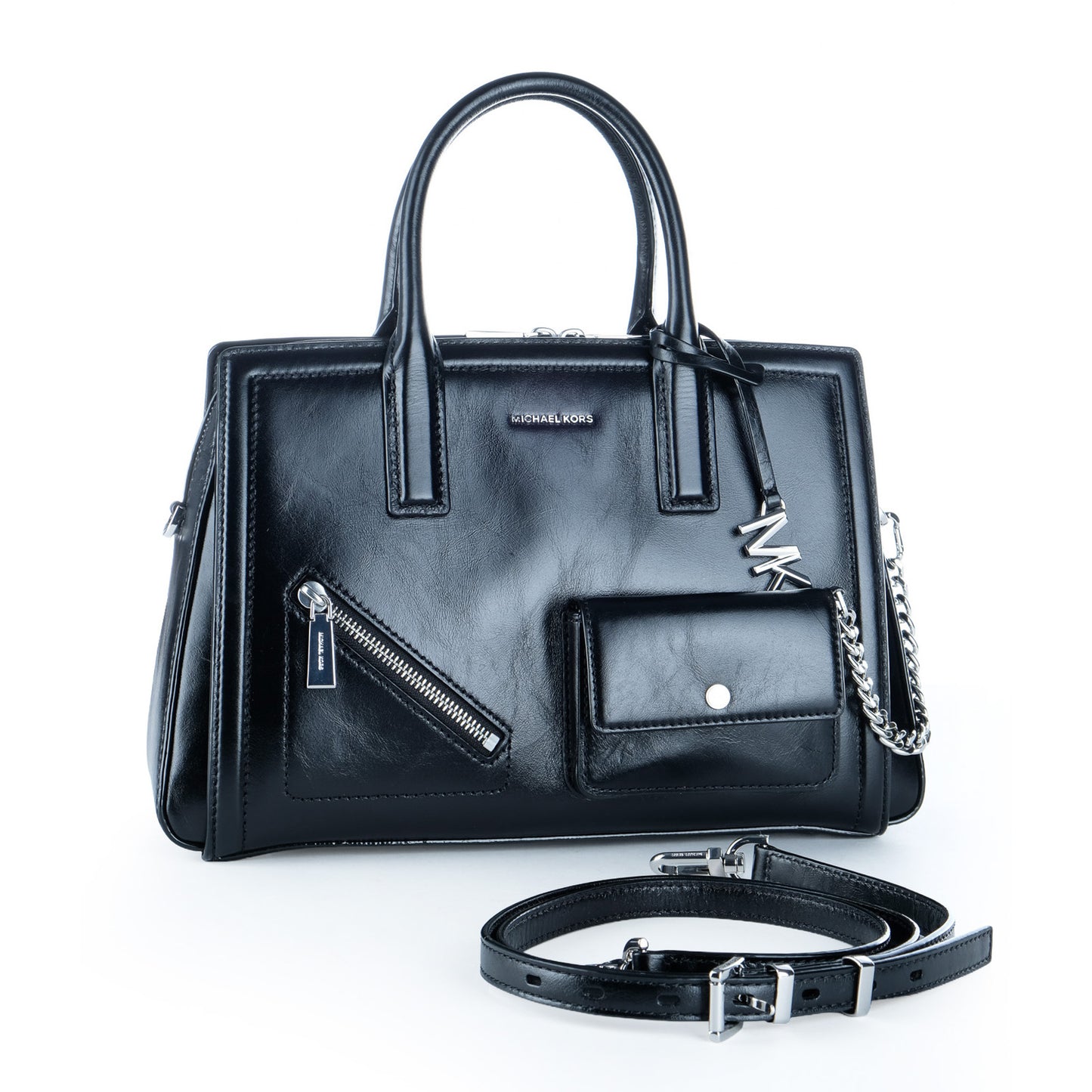 Bolsa Satchel Michael Kors Preta com Bolsos Frontais e Detalhes Metálicos