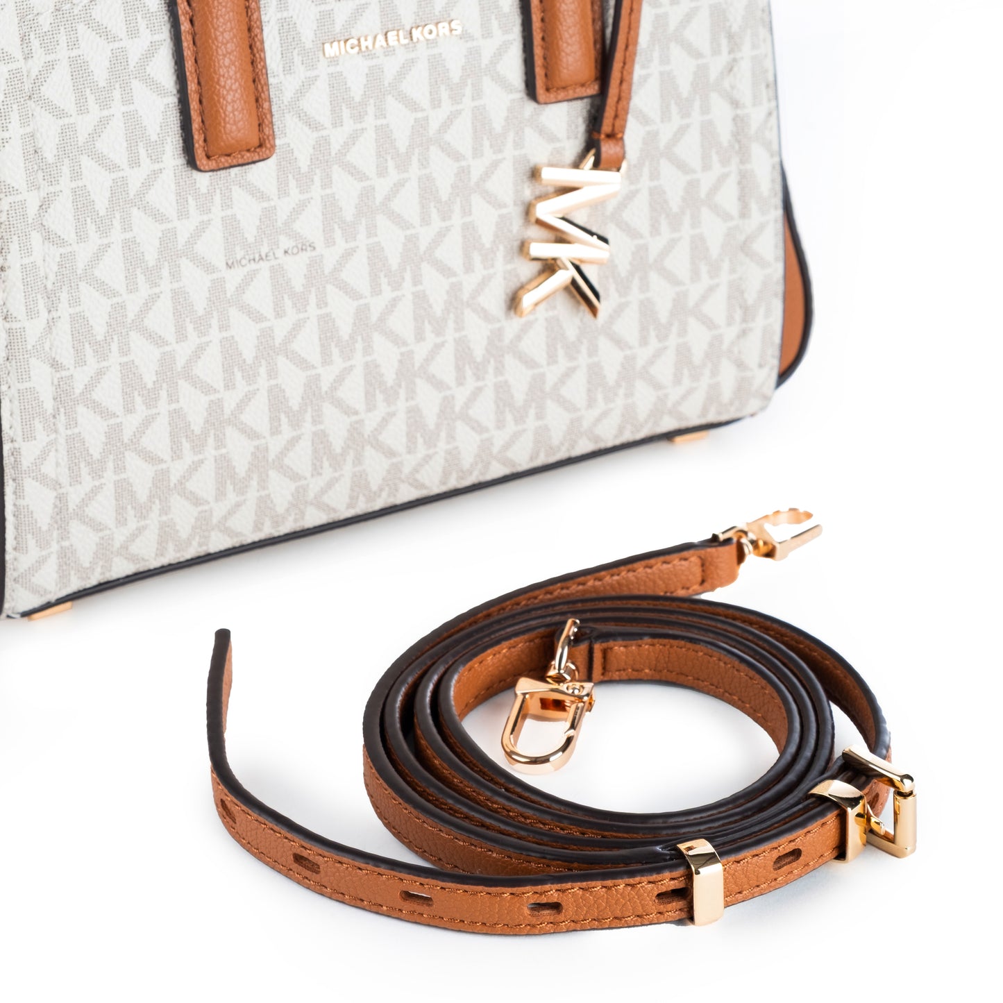 Bolsa Satchel Michael Kors Bege com Detalhes em Caramelo