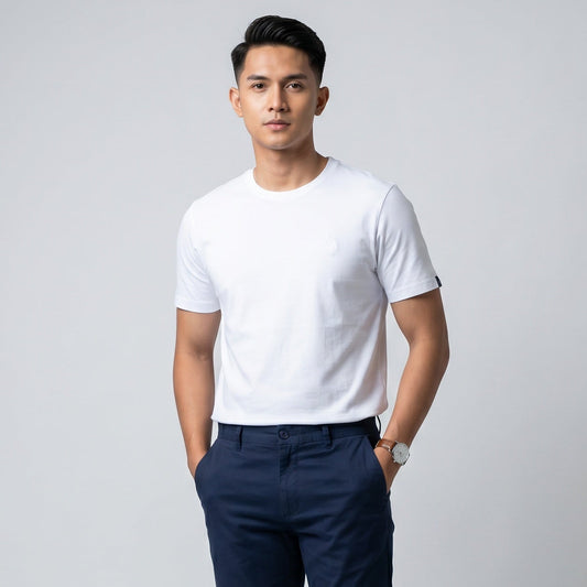 T-shirt Homem US Polo Branca Minimalista com Gola Redonda
