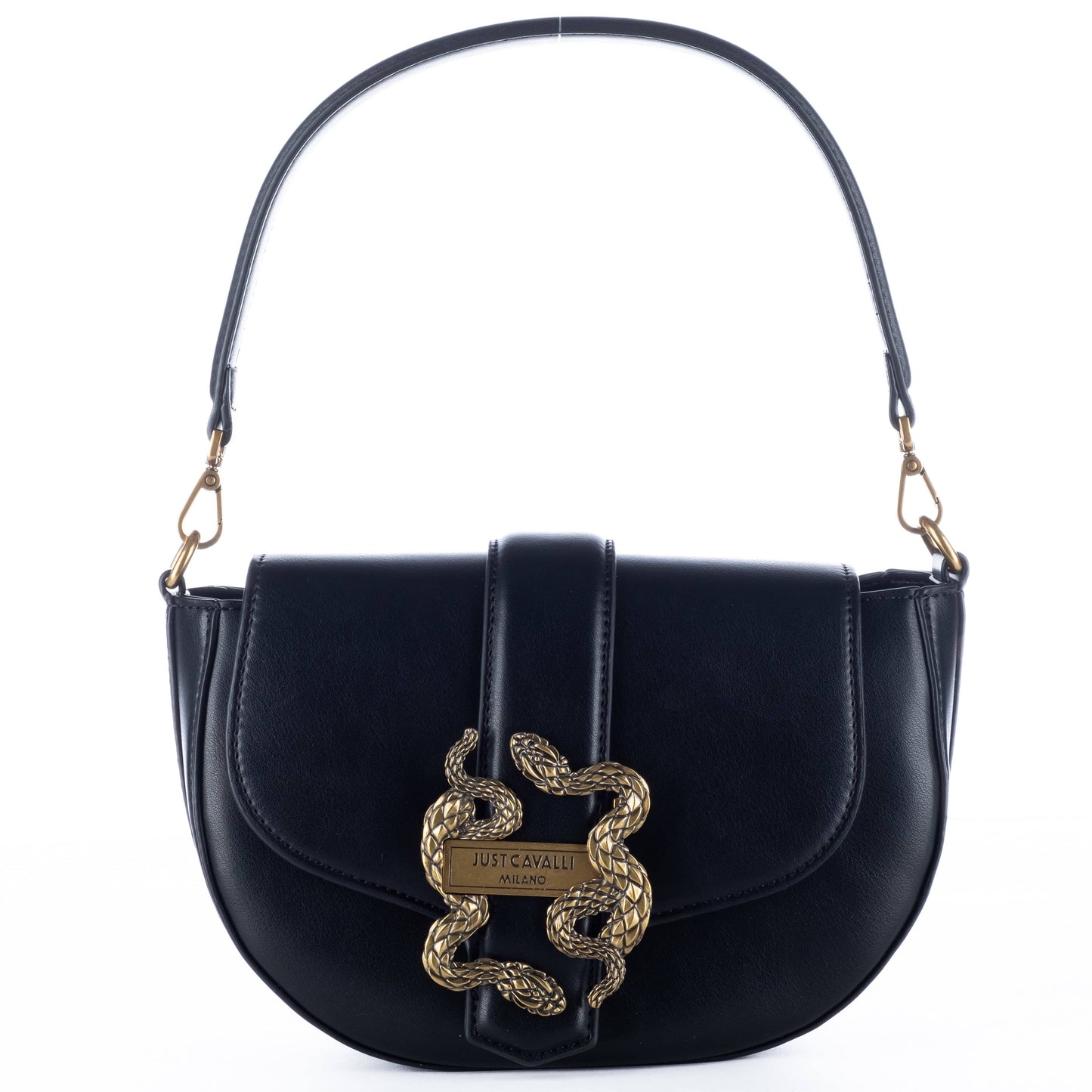 Bolsa Tiracolo Just Cavalli Preta com Fivela Dourada de Serpente em Relevo
