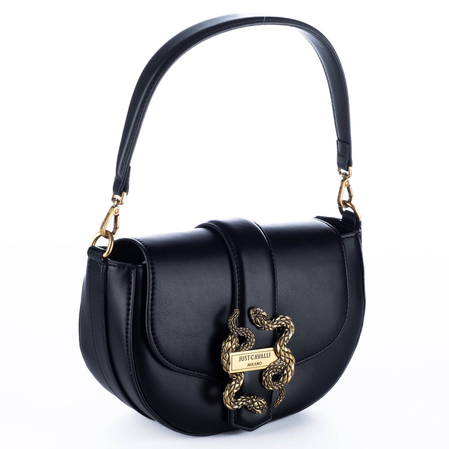 Bolsa Tiracolo Just Cavalli Preta com Fivela Dourada de Serpente em Relevo