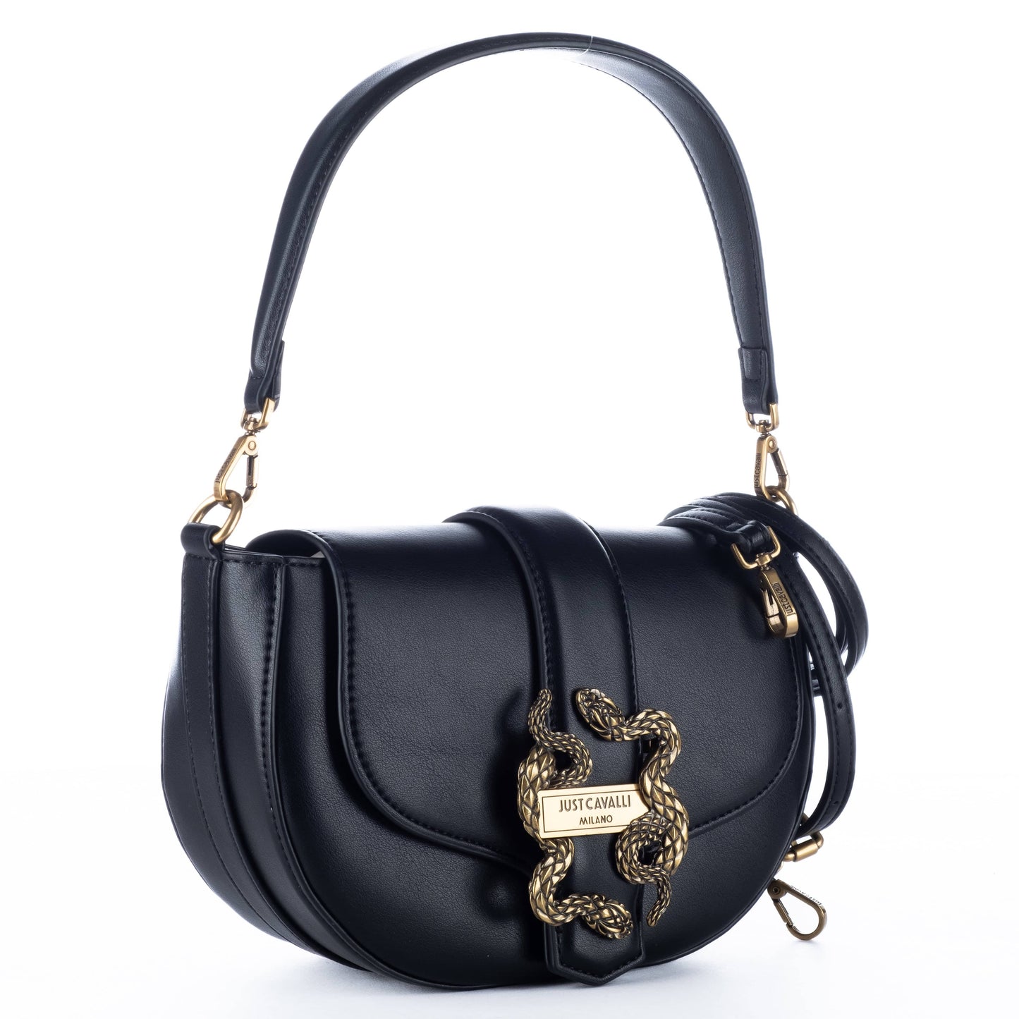 Bolsa Tiracolo Just Cavalli Preta com Fivela Dourada de Serpente em Relevo