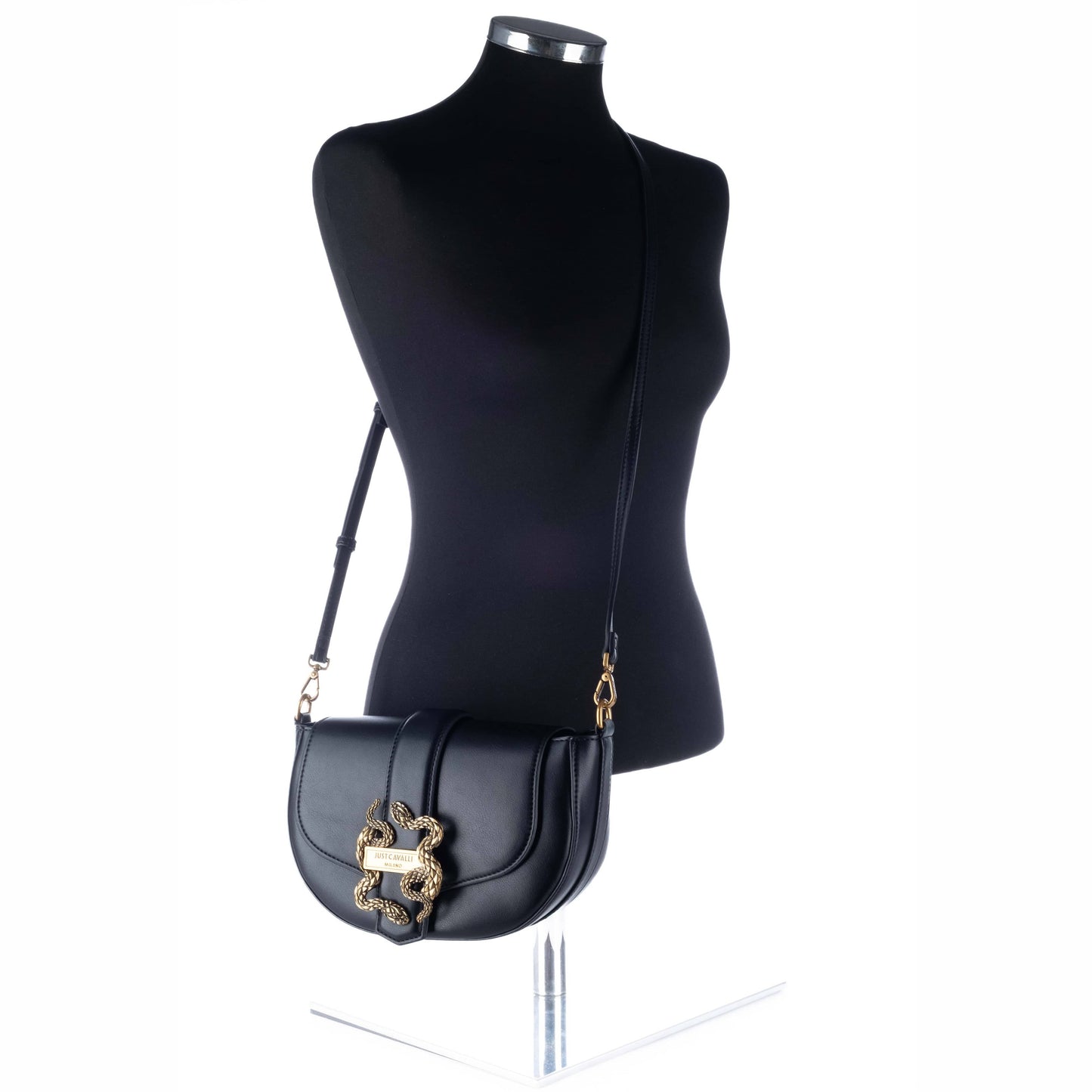 Bolsa Tiracolo Just Cavalli Preta com Fivela Dourada de Serpente em Relevo