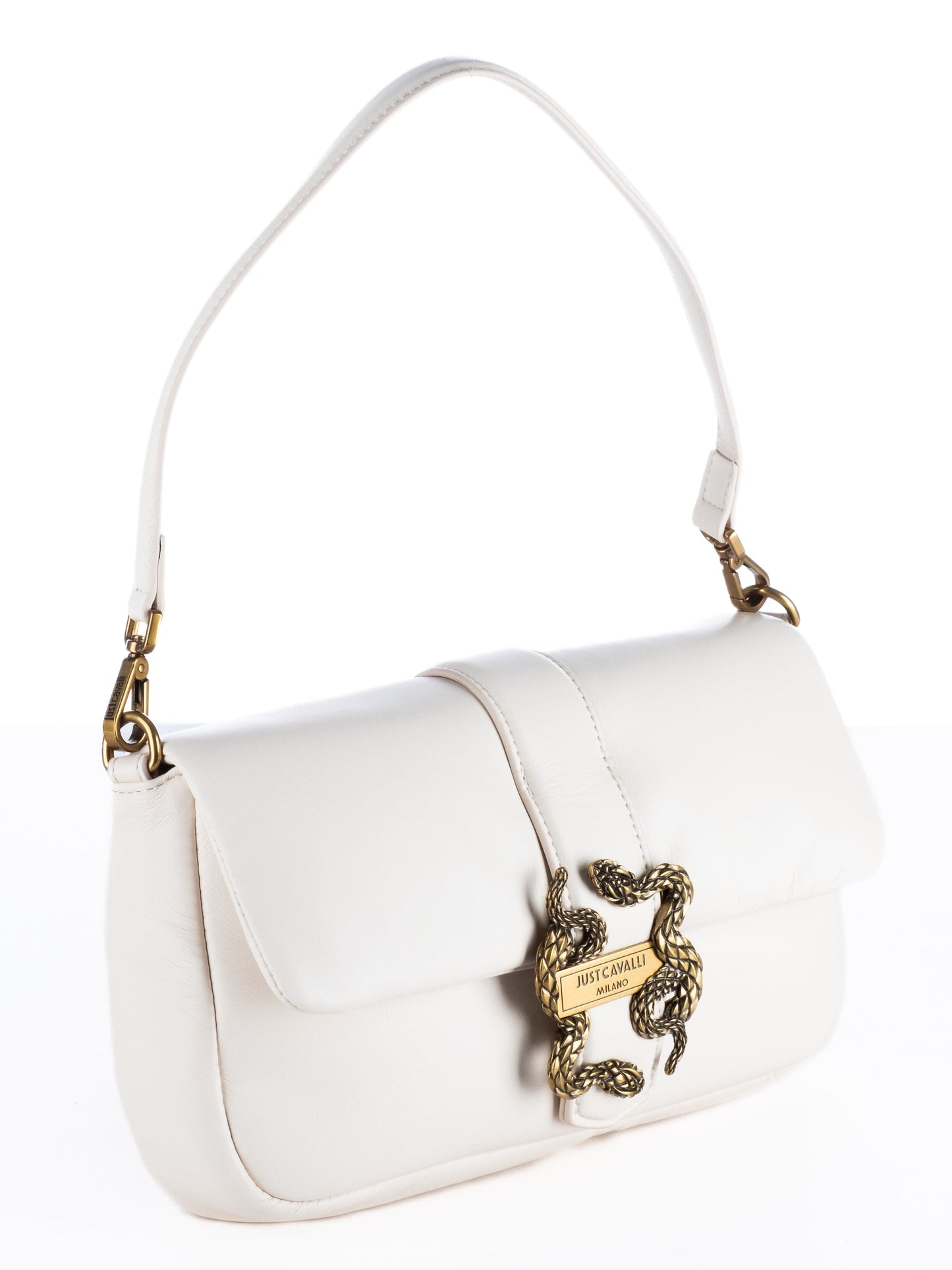 Bolsa de Ombro Just Cavalli Branca com Fecho Dourado em Forma de Serpente