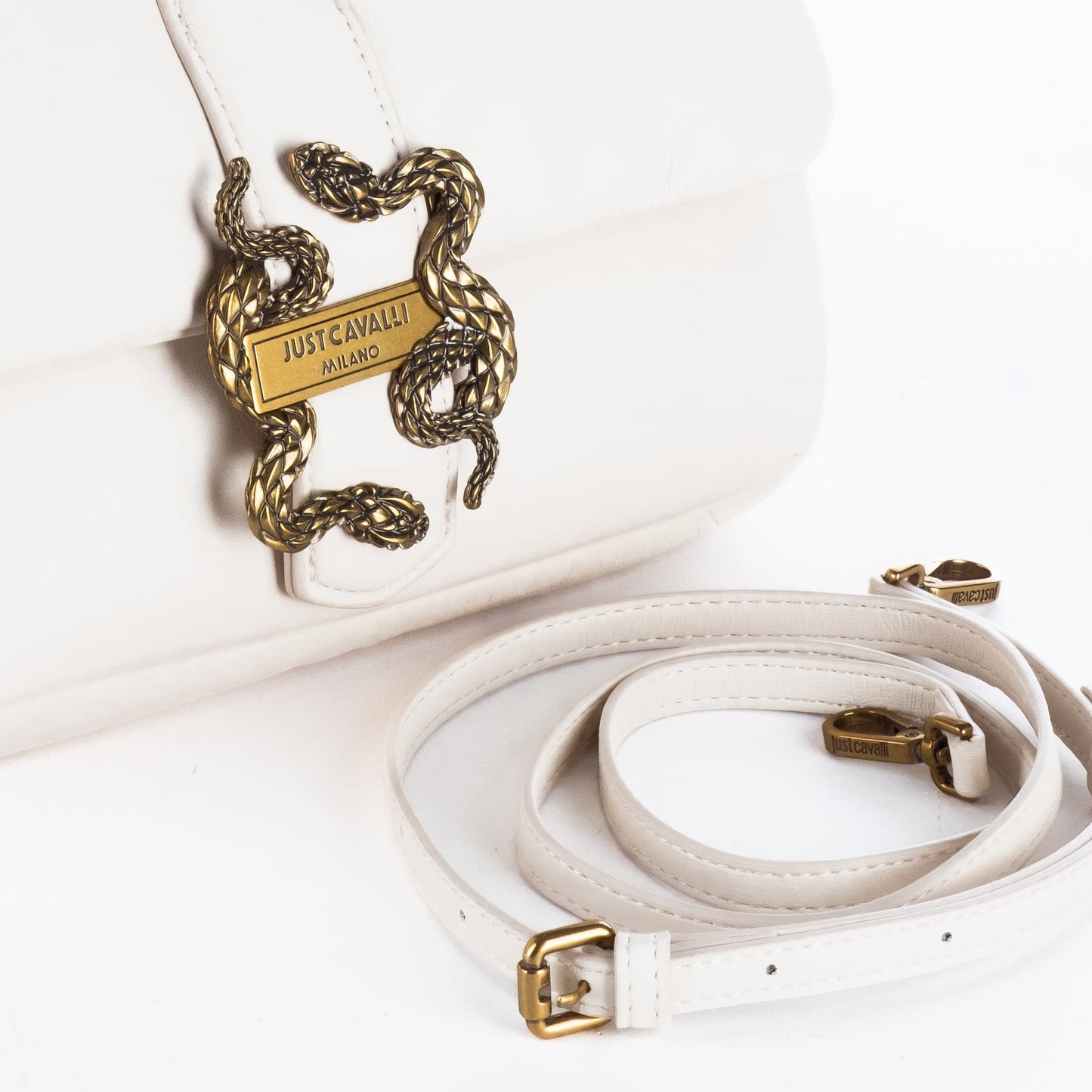 Bolsa de Ombro Just Cavalli Branca com Fecho Dourado em Forma de Serpente