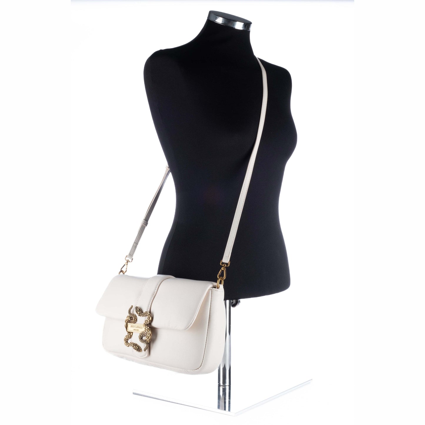 Bolsa de Ombro Just Cavalli Branca com Fecho Dourado em Forma de Serpente