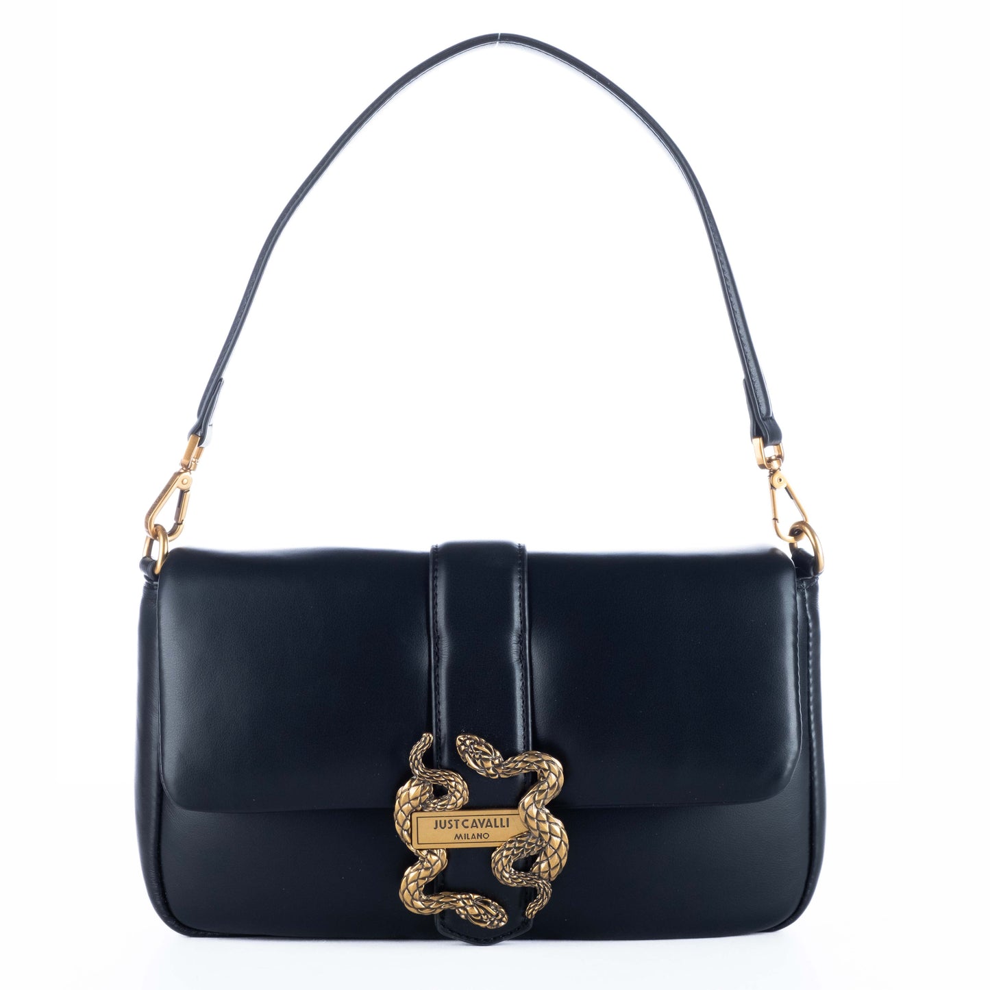 Bolsa de Ombro Just Cavalli Preta com Fecho Dourado em Forma de Serpente