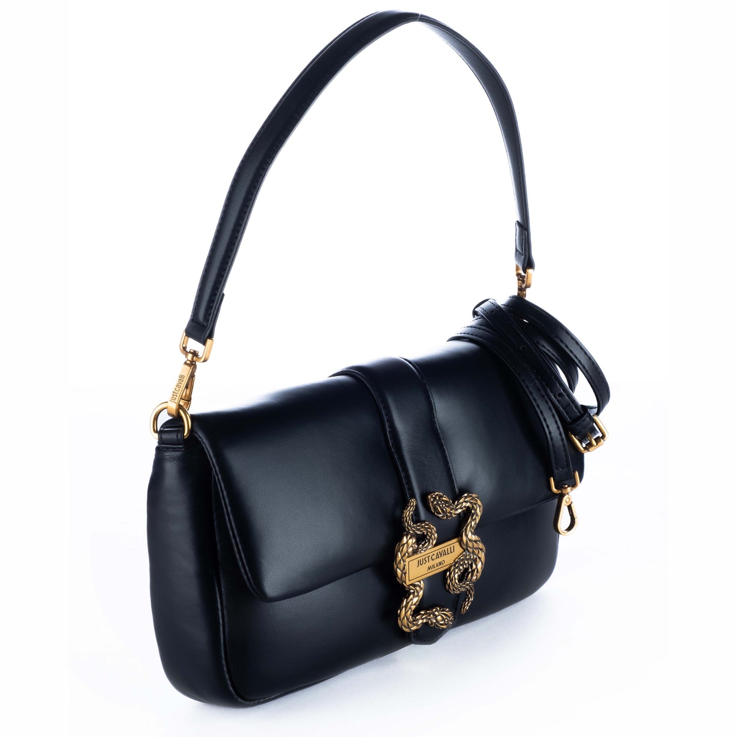 Bolsa de Ombro Just Cavalli Preta com Fecho Dourado em Forma de Serpente