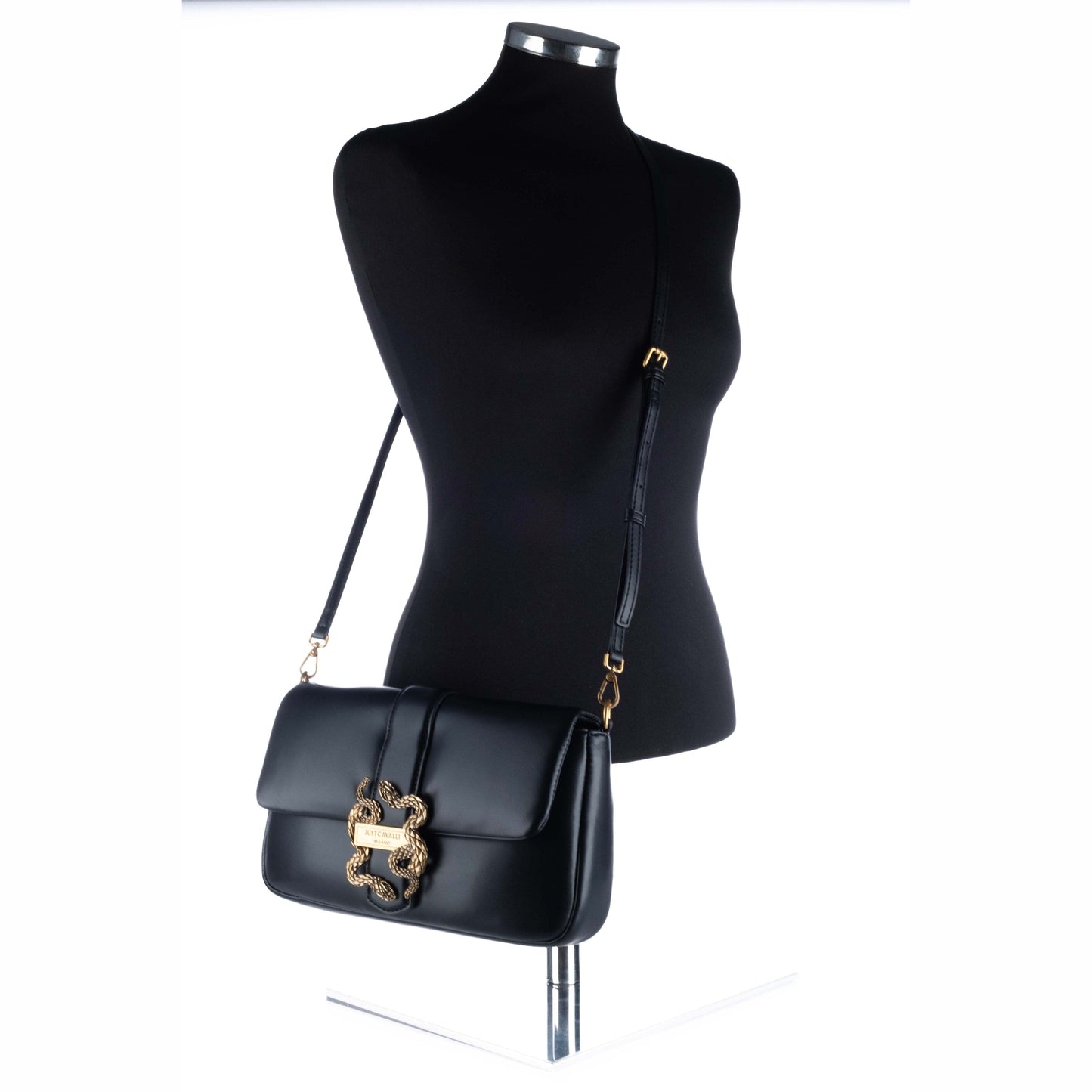 Bolsa de Ombro Just Cavalli Preta com Fecho Dourado em Forma de Serpente