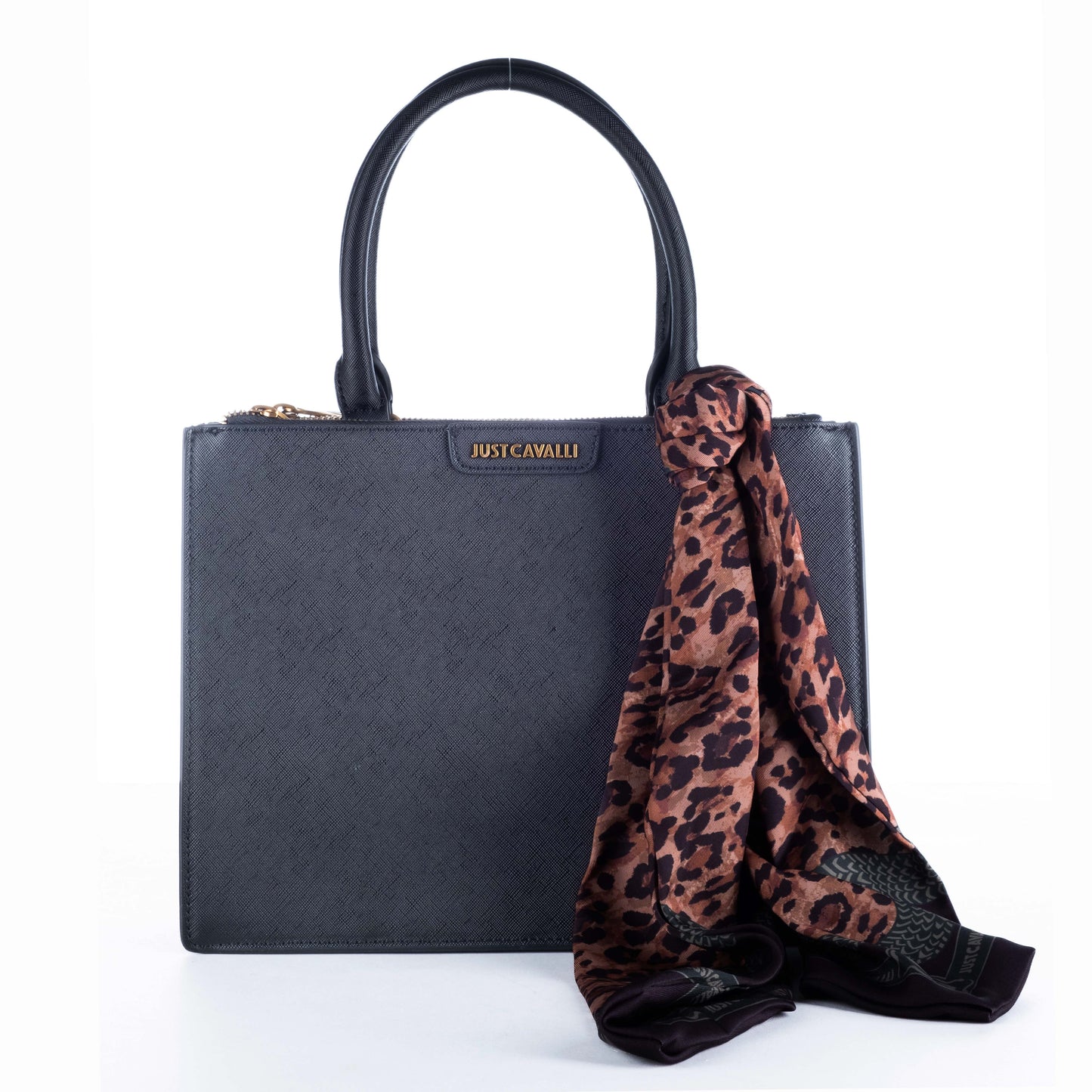 Bolsa de Ombro Just Cavalli Preta com Textura Animal e Lenço Animal Print