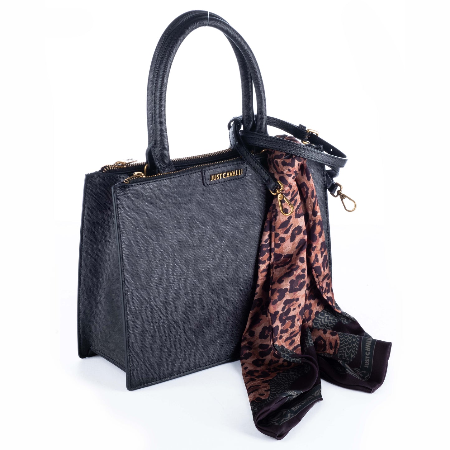 Bolsa de Ombro Just Cavalli Preta com Textura Animal e Lenço Animal Print