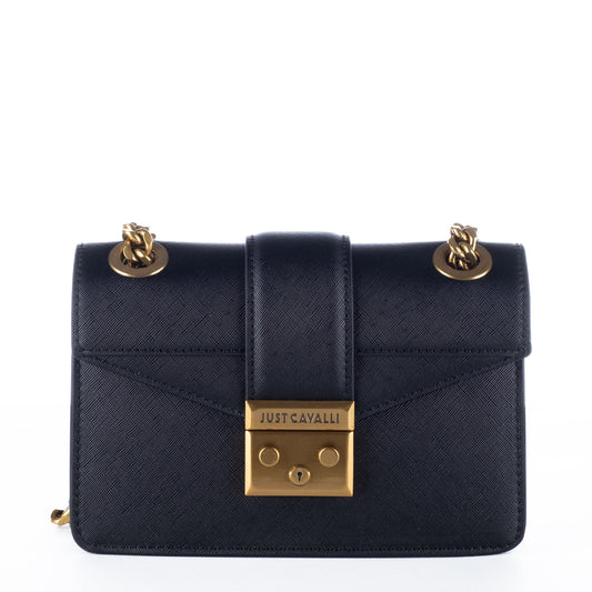 Bolsa Tiracolo Just Cavalli Preta com Acabamento Texturizado e Corrente Dourada