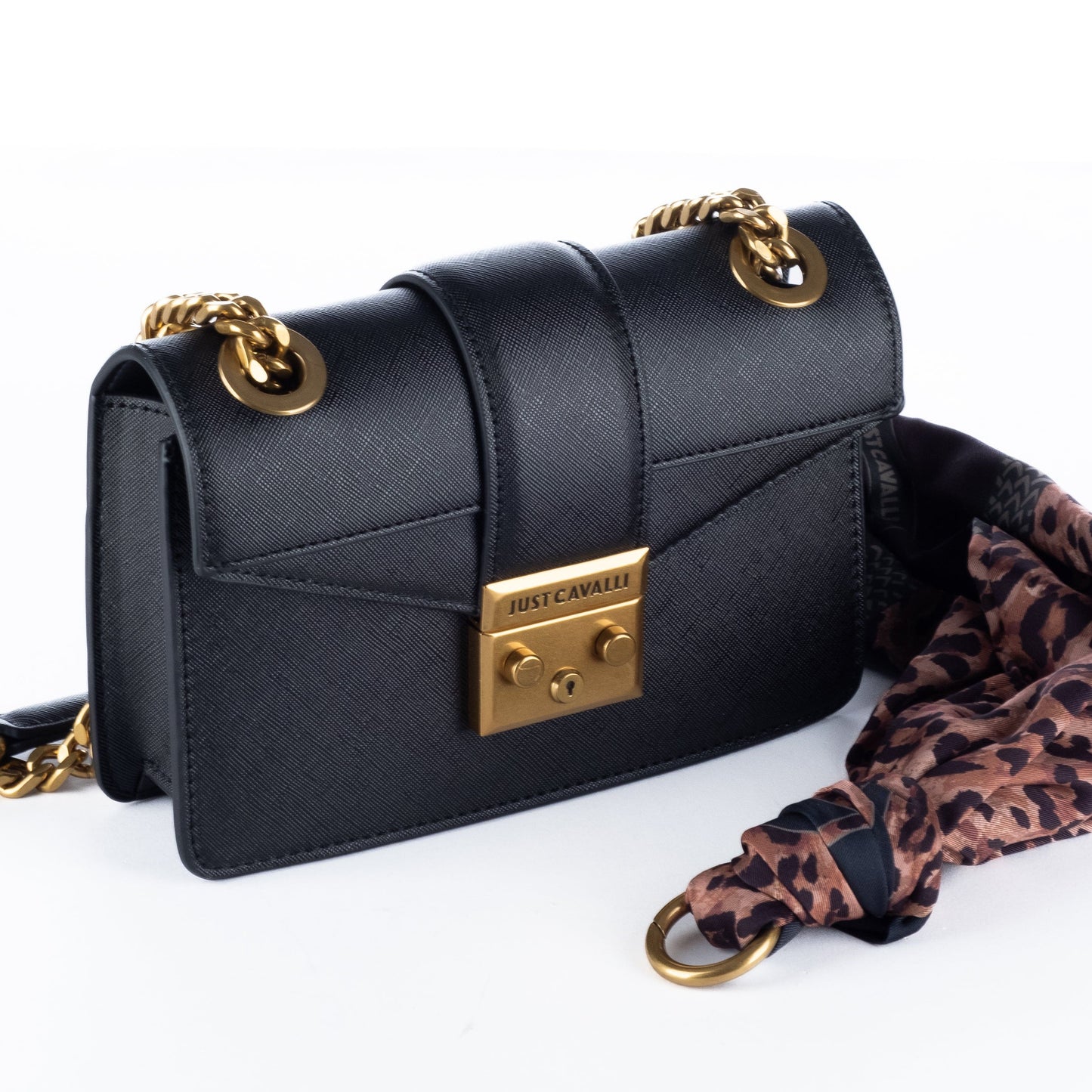 Bolsa Tiracolo Just Cavalli Preta com Acabamento Texturizado e Corrente Dourada