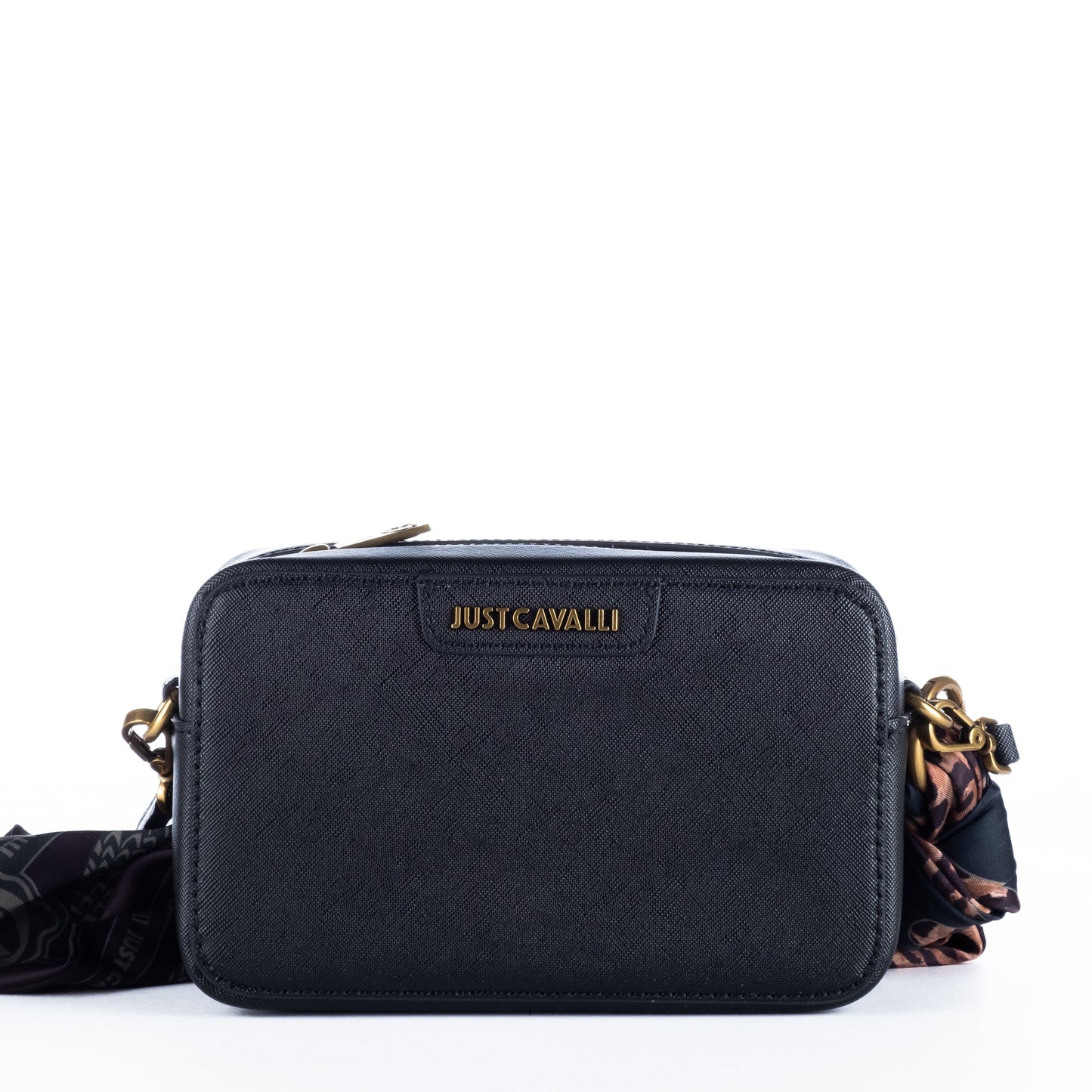 Bolsa Tiracolo Just Cavalli Preta com Textura Animal e Alça Estampada