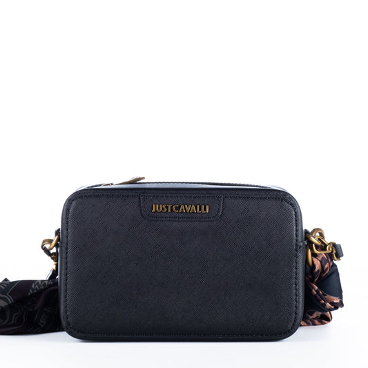 Bolsa Tiracolo Just Cavalli Preta com Textura Animal e Alça Estampada