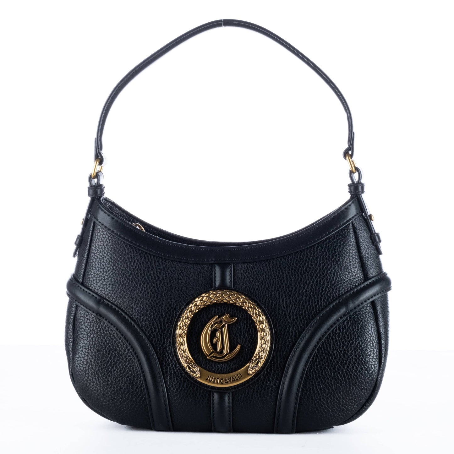 Bolsa de Ombro Just Cavalli Preta Meia-Lua com Fecho Circular Dourado