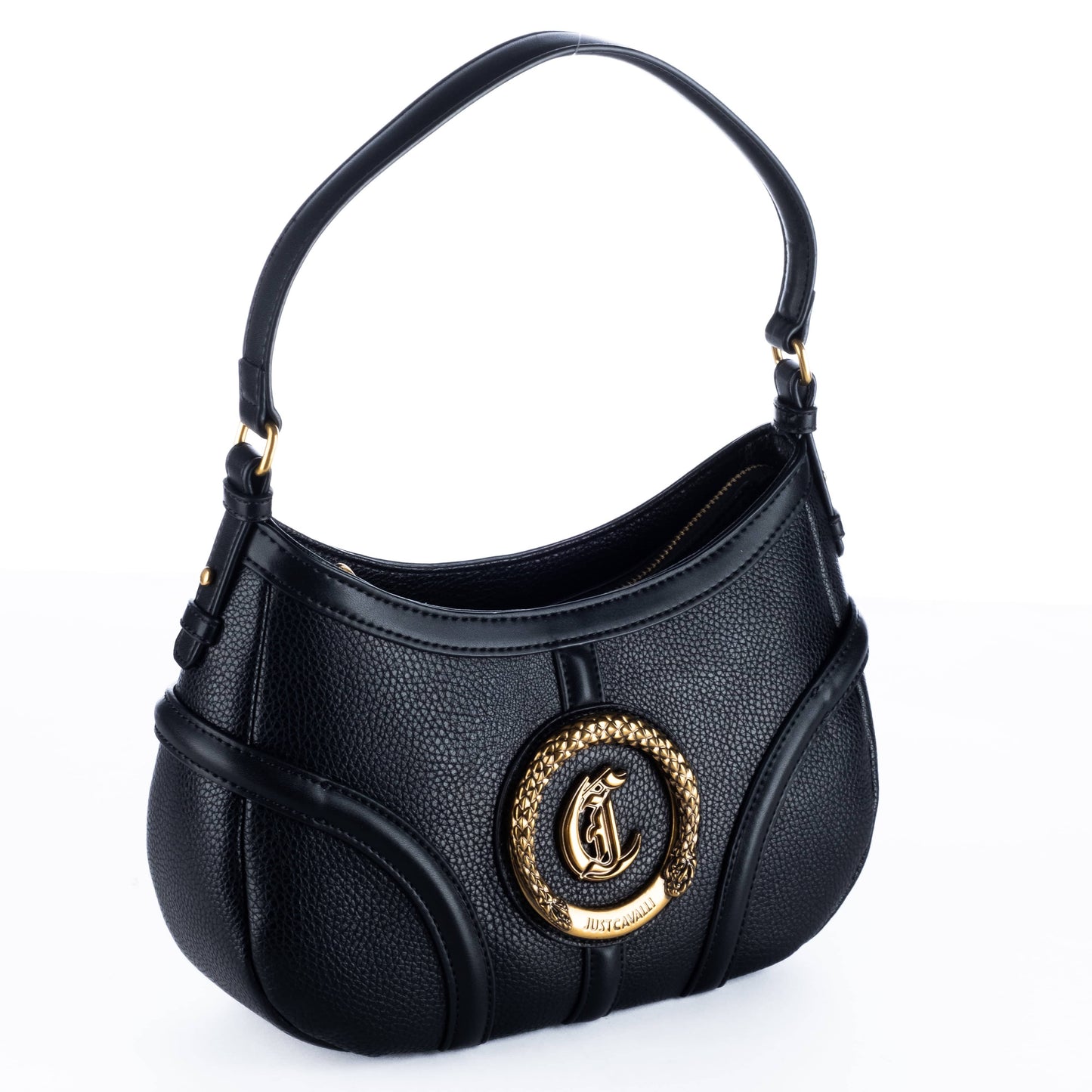 Bolsa de Ombro Just Cavalli Preta Meia-Lua com Fecho Circular Dourado