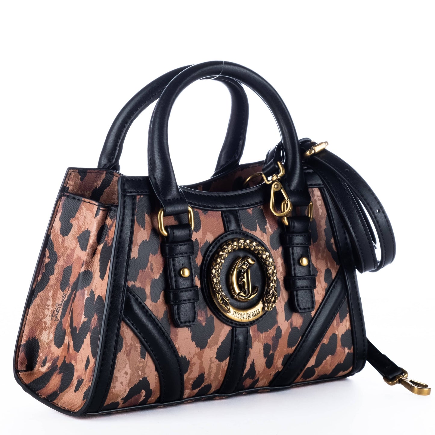 Bolsa de Ombro Just Cavalli Animal Print com Fecho Dourado Circular e Alças Curtas