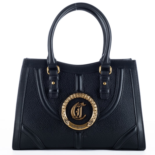 Bolsa de Ombro Just Cavalli Preta com Fecho Circular Dourado e Alças Estruturadas