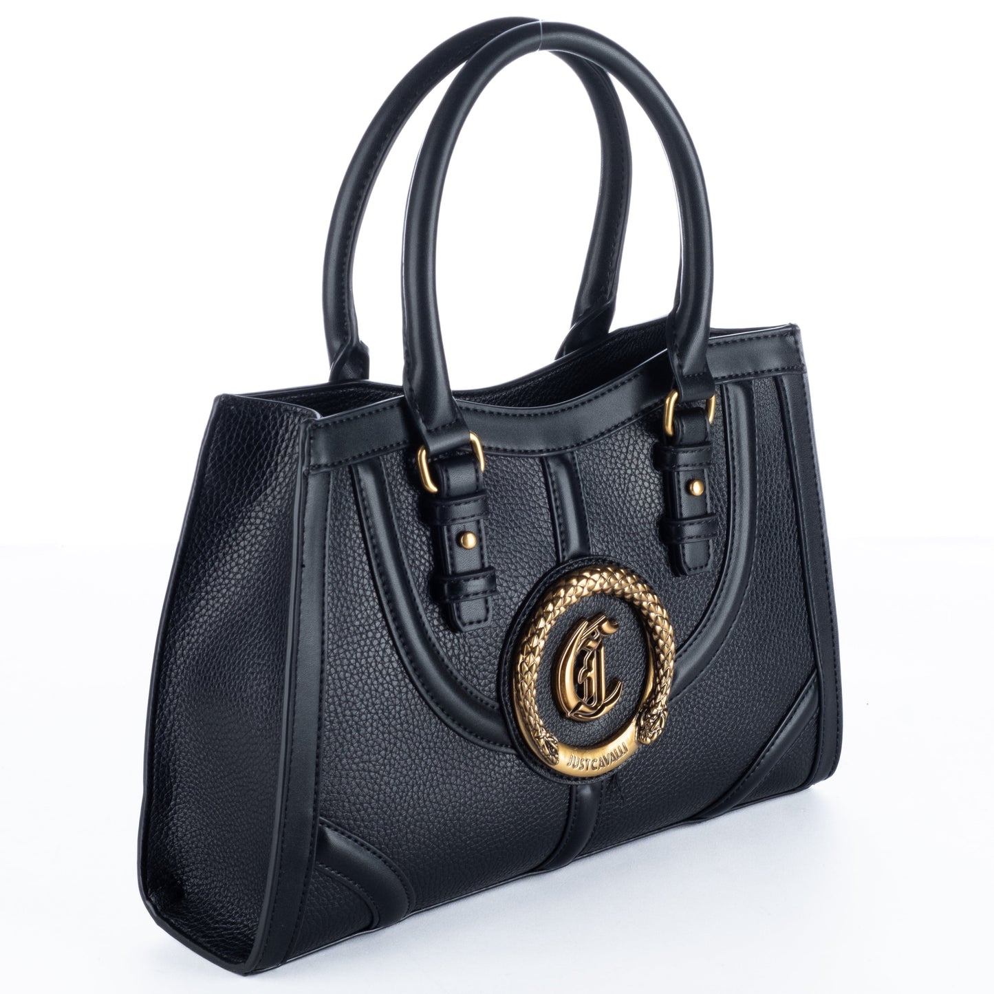 Bolsa de Ombro Just Cavalli Preta com Fecho Circular Dourado e Alças Estruturadas