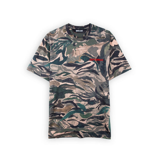 T-Shirt Homem Just Cavalli Camuflada Verde com Estampa
