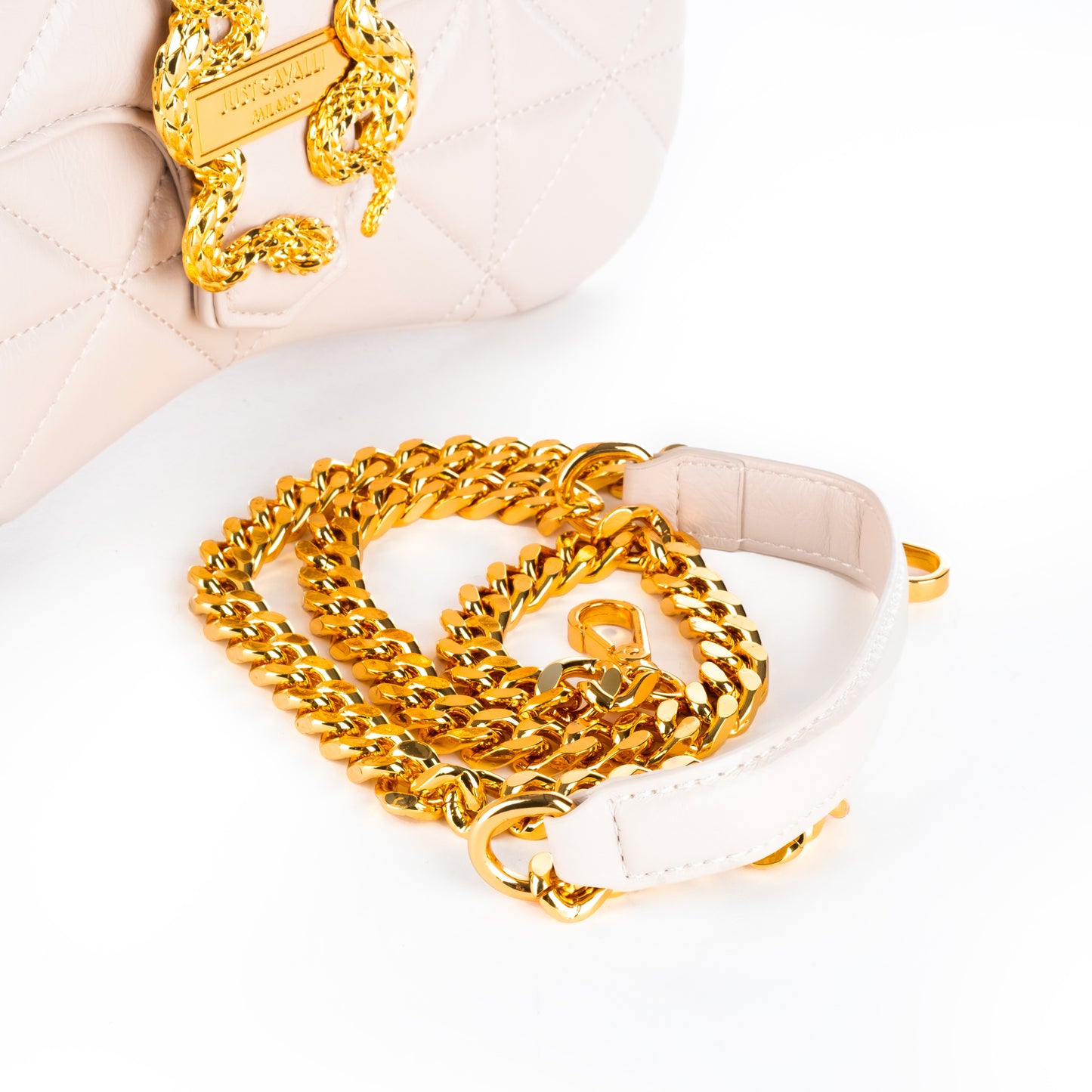 Bolsa Satchel Just Cavalli Branca com Detalhes Dourados