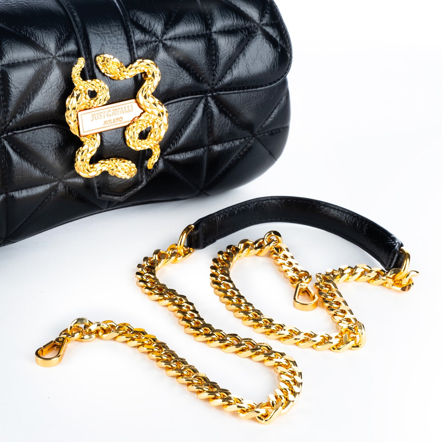 Bolsa Satchel Just Cavalli Preta com Detalhes Dourados