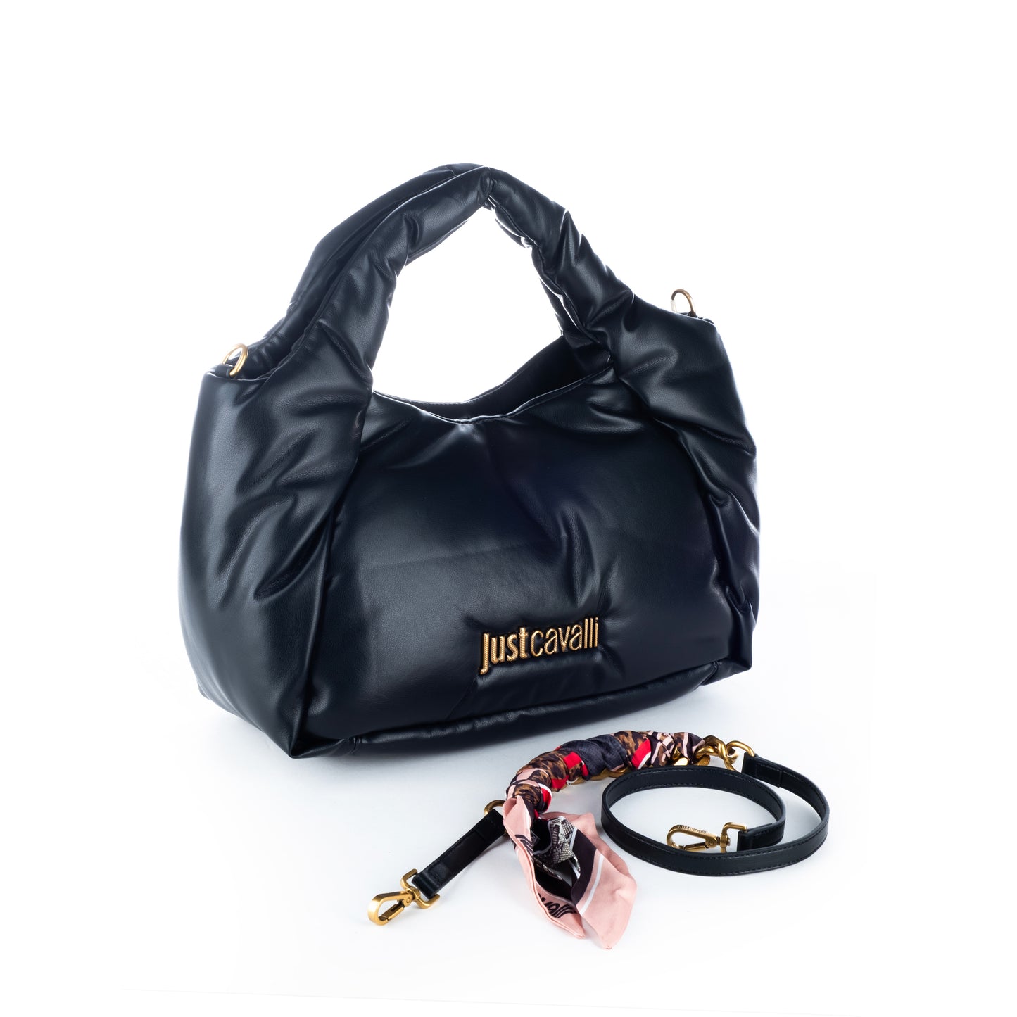 Bolsa saco de ombro Just Cavalli Preta com Detalhes Luxuosos