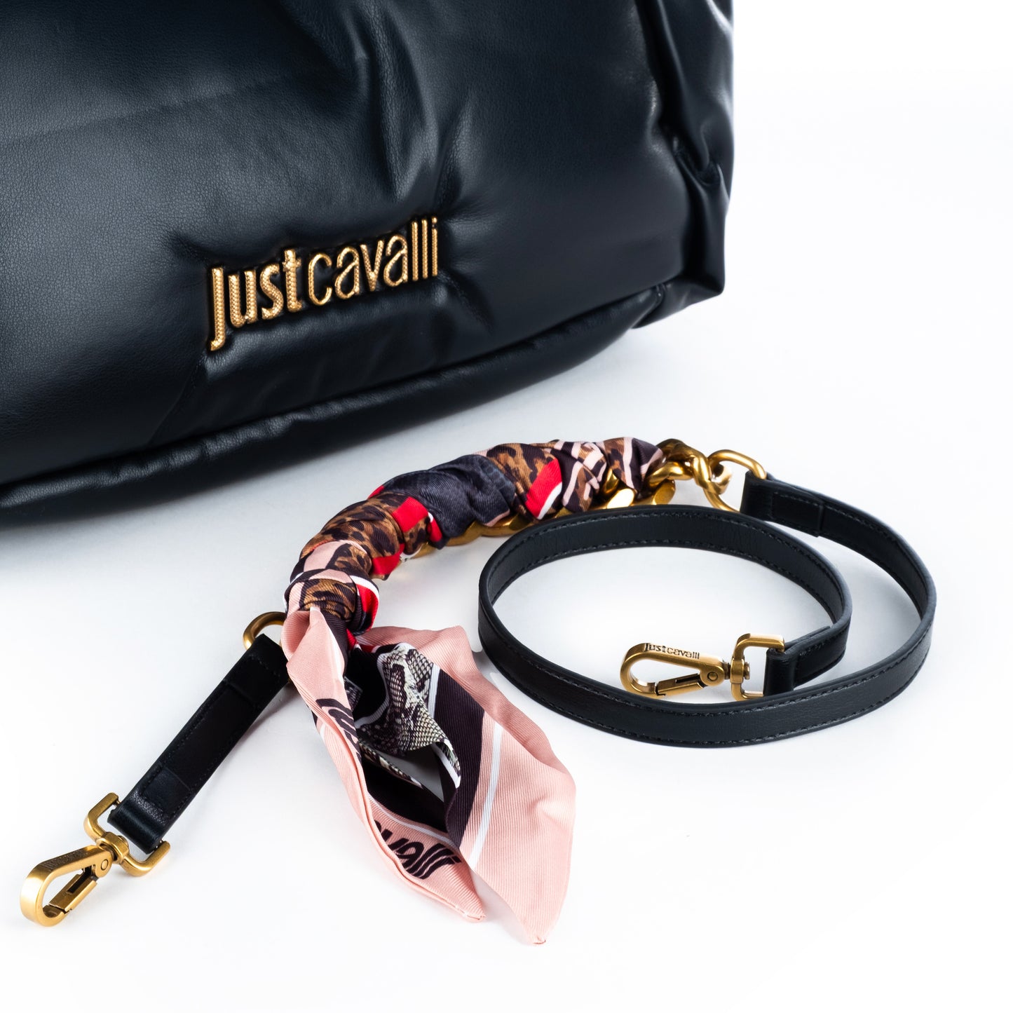 Bolsa saco de ombro Just Cavalli Preta com Detalhes Luxuosos