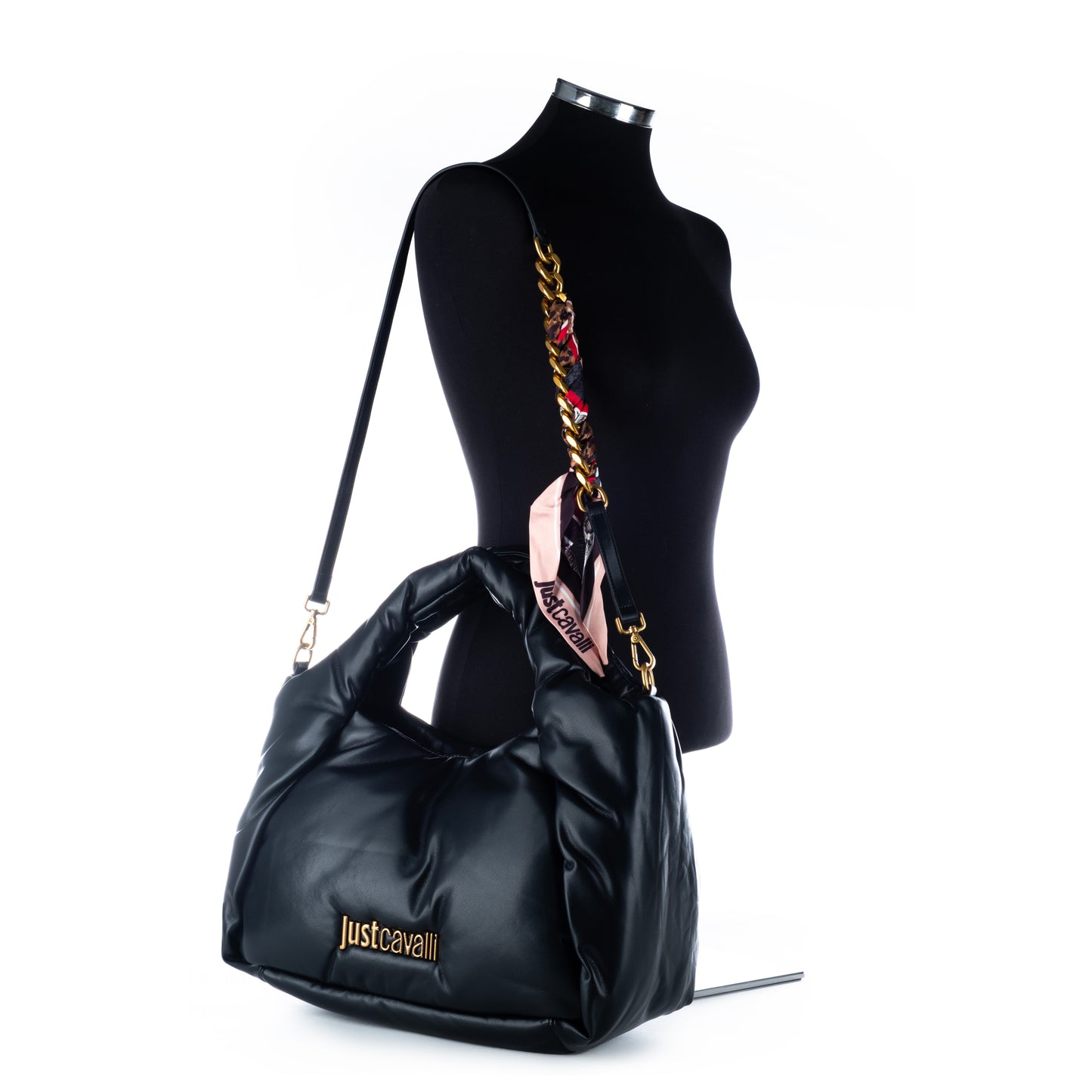 Bolsa saco de ombro Just Cavalli Preta com Detalhes Luxuosos