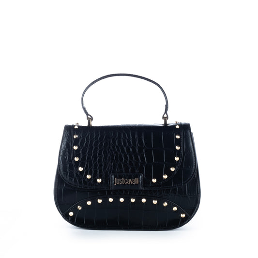 Bolsa Satchel Just Cavalli Preta com Textura Crocodilo e Detalhes Metálicos