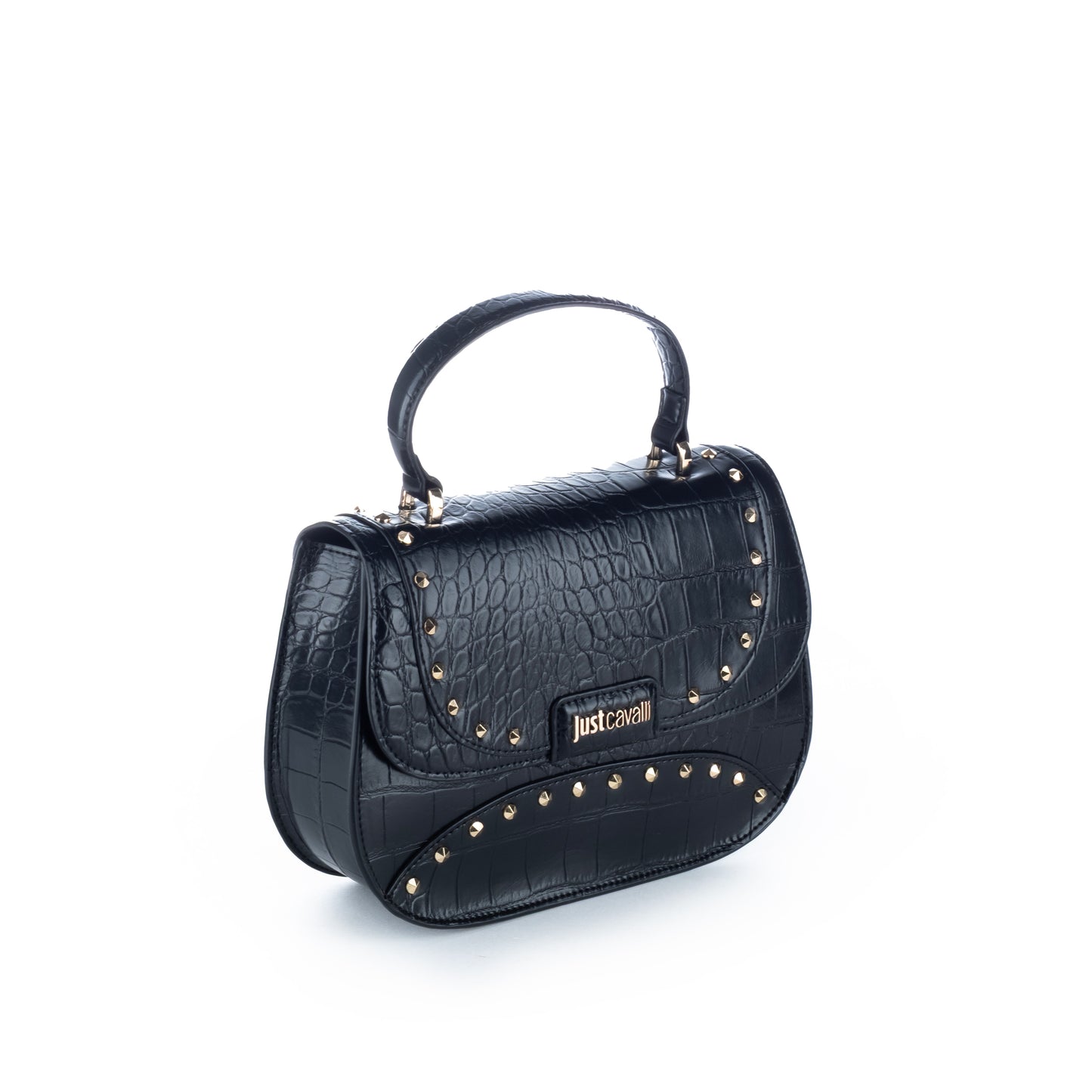 Bolsa Satchel Just Cavalli Preta com Textura Crocodilo e Detalhes Metálicos