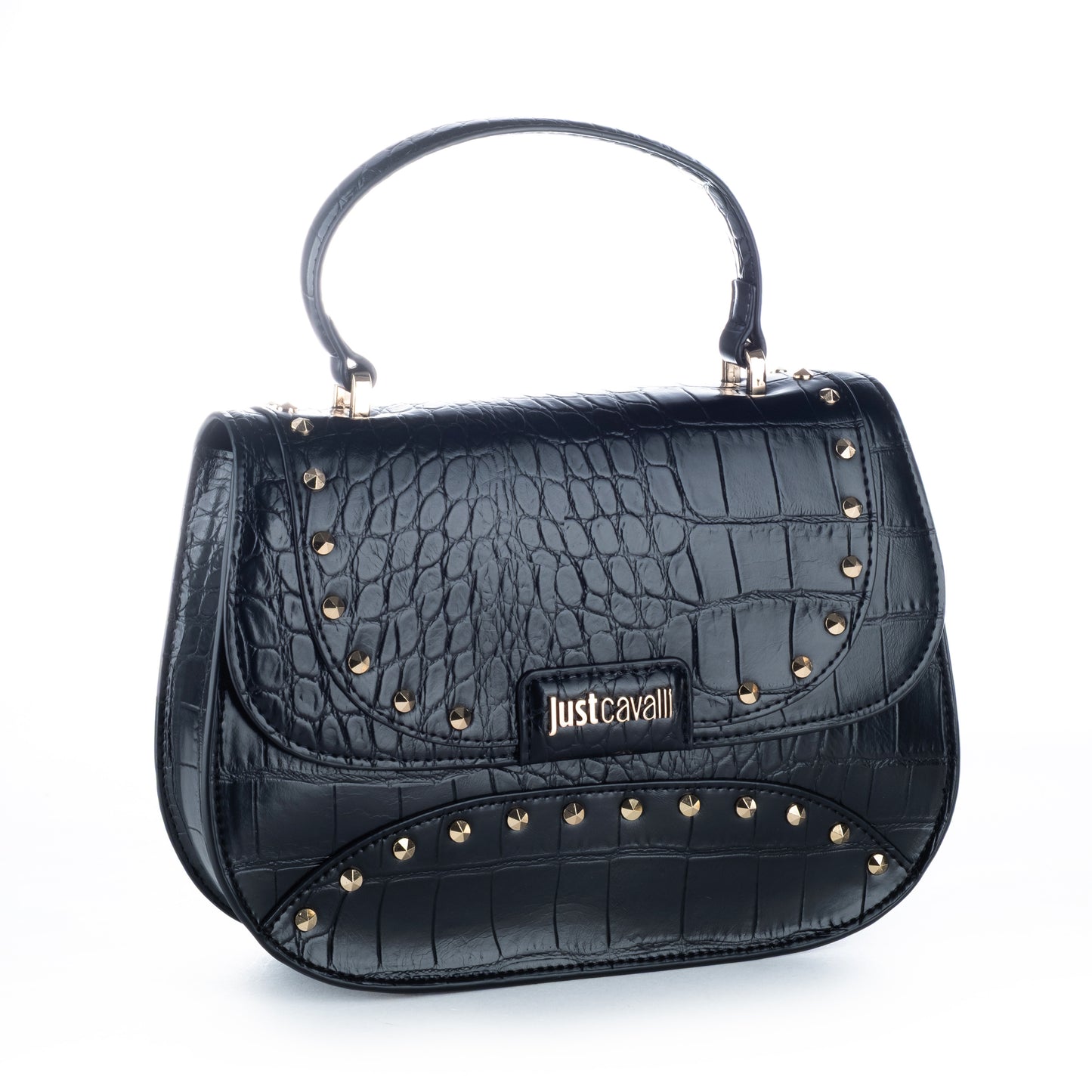 Bolsa Satchel Just Cavalli Preta com Textura Crocodilo e Detalhes Metálicos