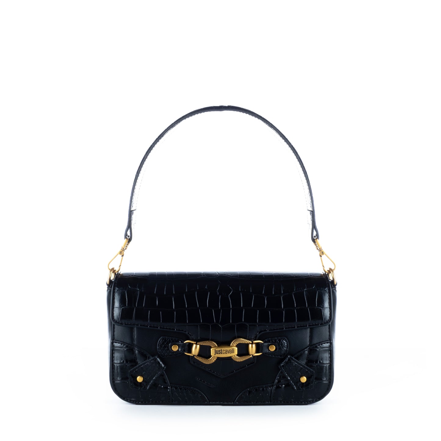 Bolsa de Ombro Just Cavalli Preta com Detalhes Dourados